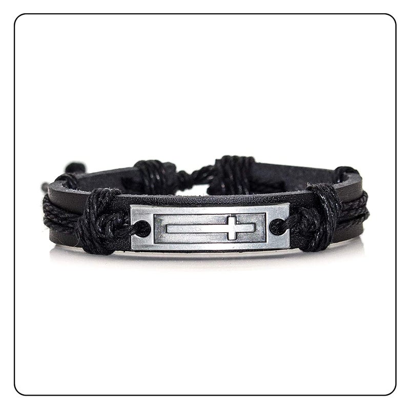 Fusamk Fashion Cross Tag Bangle Adjustable Leather Cuff Wristband Drawstring Rope Bracelet(Black) - Image 3